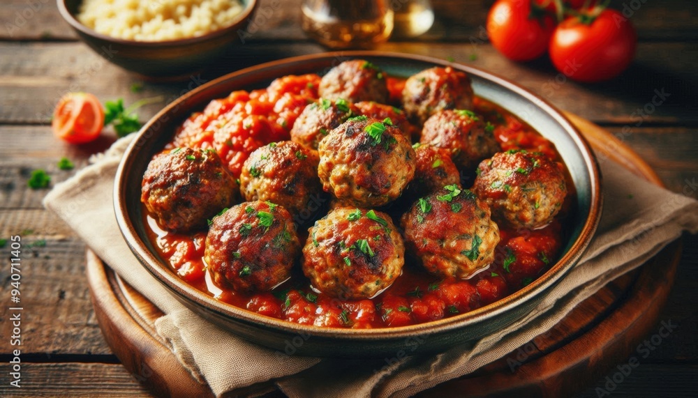 A plate of delicious lamb meatballs, golden-brown and perfectly cooked, served with a rich tomato sauce. A plate of delicious lamb meatballs, golden-brown and perfectly cooked, served with a rich tomato sauce.