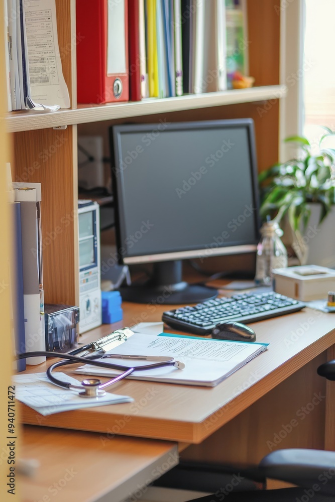 A doctor's desk with a stethoscope, medical books, and a computer. The desk is organized and professional, Generative AI A doctor's desk with a stethoscope, medical books, and a computer. The desk is organized and professional, Generative AI