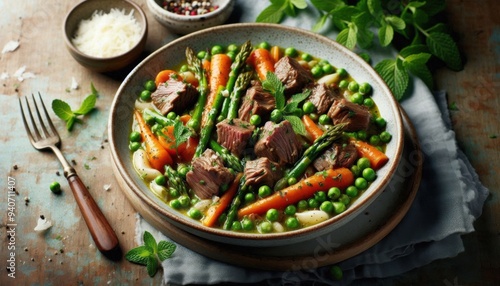 A vibrant spring lamb ragù served in a rustic bowl, featuring tender pieces of lamb slow-cooked in a light, fragrant sauce made with fresh spring vegetables like asparagus, peas, and baby carrots