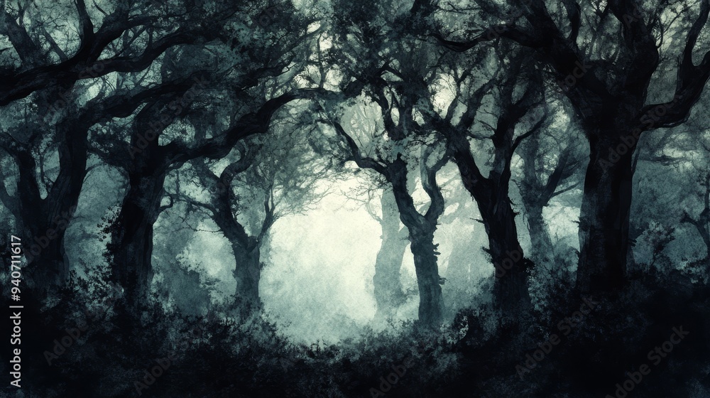 eerie and mysterious foggy forest path - dark trees, intriguing landscape photography. eerie and mysterious foggy forest path - dark trees, intriguing landscape photography.