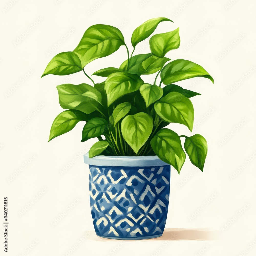 A lush green houseplant in a decorative blue and white pot, perfect for home decor, gardening blogs, or nature-themed publications A lush green houseplant in a decorative blue and white pot, perfect for home decor, gardening blogs, or nature-themed publications