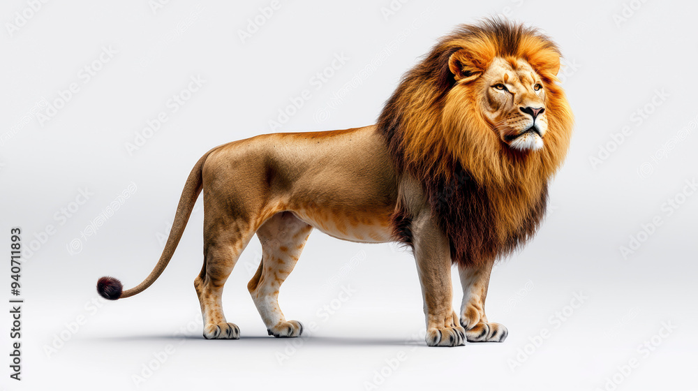 Obraz premium A full-body photo of a majestic lion standing proudly on a grassy plain, isolated on a white background, showcasing its powerful build and flowing mane.