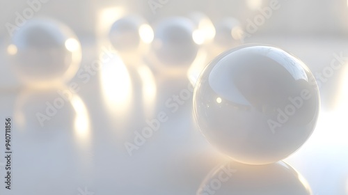 Glowing Light Orbs: Bright, glowing orbs of light floating in mid-air, casting soft reflections on a white background.
