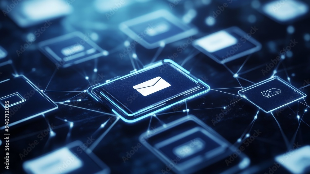 abstract digital network with email icon and connecting lines - concept for online communication, messaging, and digital technology abstract digital network with email icon and connecting lines - concept for online communication, messaging, and digital technology