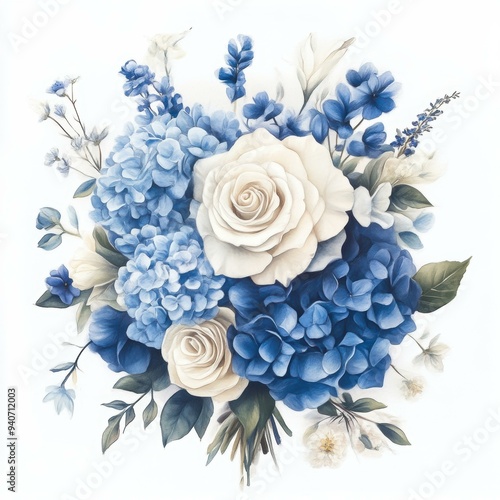 A vibrant bouquet of blue and white flowers featuring roses and hydrangeas, arranged artfully on a white background, Ideal for use in greeting cards, wedding invitations, floral blogs photo