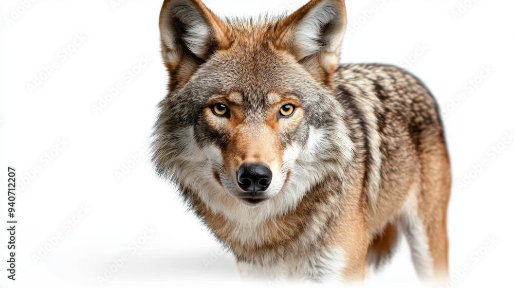 Fototapeta premium A complete image of a gray wolf standing alert with its head turned, isolated on a white background, showcasing its thick fur and keen eyes.