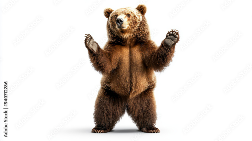 Fototapeta premium A full-body shot of a brown bear, standing on its hind legs, isolated on a white background, emphasizing its massive size and thick fur.