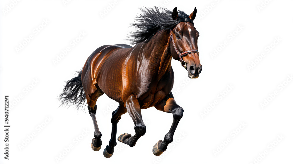 Fototapeta premium A full view of a wild horse, galloping across an open field, isolated on a white background, with its mane flowing and muscles flexing.