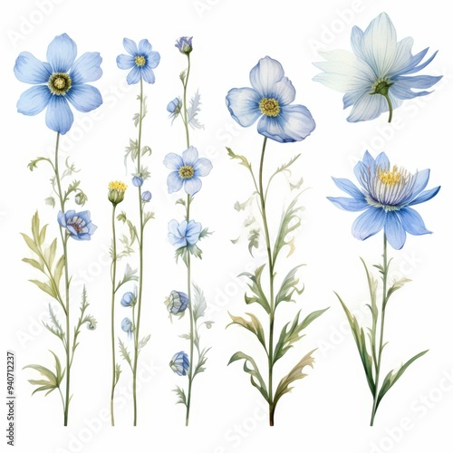 Delicate watercolor illustrations of blue flowers, great for botanical art, design projects, nature-themed prints, and stationery products like journals and greeting cards,