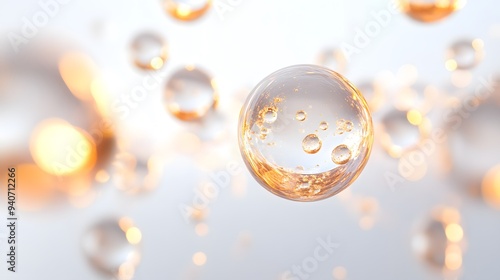 Glowing Light Orbs: Bright, glowing orbs of light floating in mid-air, casting soft reflections on a white background. 