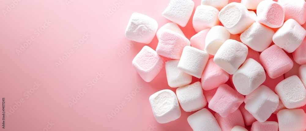 A pink table holds a stack of marshmallows against a white and pink wall A pink table holds a stack of marshmallows against a white and pink wall