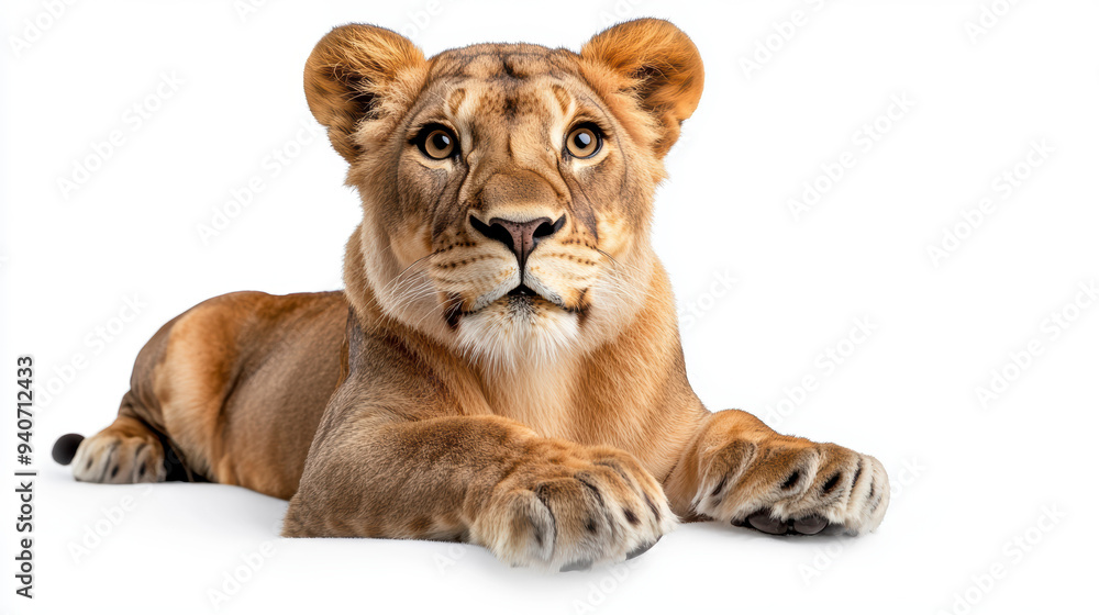 A full-body image of a majestic lioness, lying down and watching her surroundings, isolated on a white background, with her sleek body and powerful paws clearly visible. A full-body image of a majestic lioness, lying down and watching her surroundings, isolated on a white background, with her sleek body and powerful paws clearly visible.