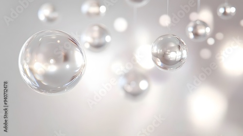 Glowing Light Orbs: Bright, glowing orbs of light floating in mid-air, casting soft reflections on a white background. 