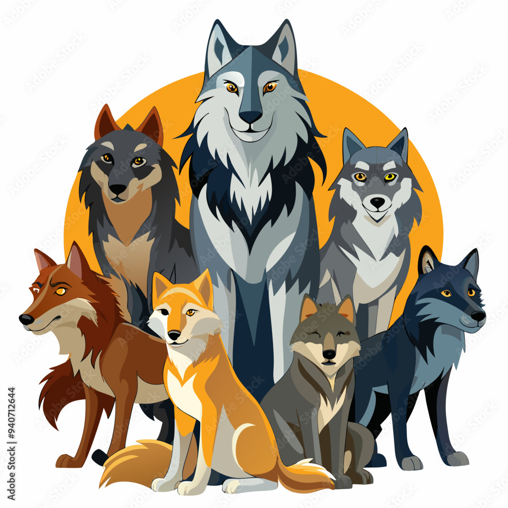 A Group of Seven Wolves with Yellow Eyes in Front of an Orange Circle A Group of Seven Wolves with Yellow Eyes in Front of an Orange Circle