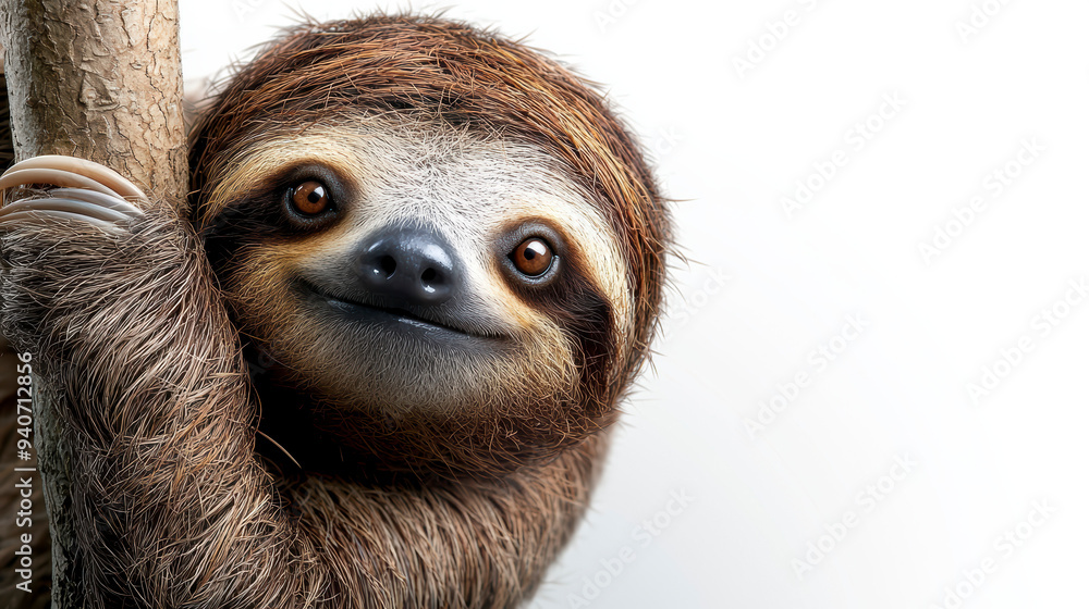 A full view of a sloth hanging from a tree branch, isolated on a white background, emphasizing its slow movement and relaxed expression. A full view of a sloth hanging from a tree branch, isolated on a white background, emphasizing its slow movement and relaxed expression.