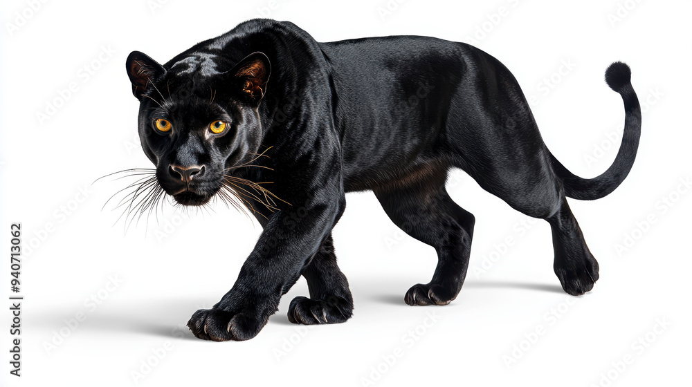 Obraz premium A wide shot of a black panther, prowling through the jungle, isolated on a white background, showcasing its sleek, muscular body and intense gaze.