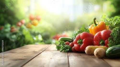 fresh organic vegetables on wooden table in sunny garden - healthy eating concept.