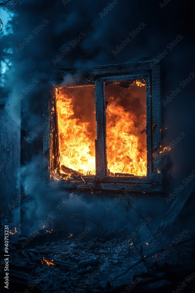 Burning Window Frame of a House Fire at Night Burning Window Frame of a House Fire at Night