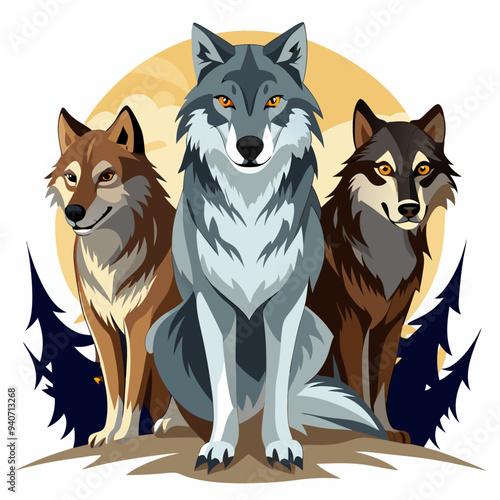 Three Wolves Sitting Together in Front of a Full Moon