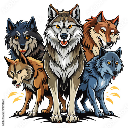 Four Wolves in a Cartoon Illustration Style
