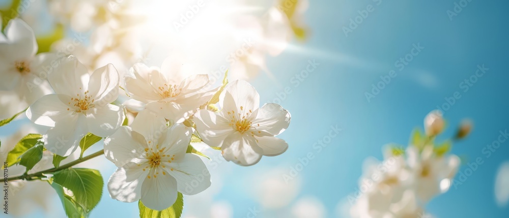 A multitude of white flowers bloom under the sun, their petals unfurled, as sunlight filters through their leafy canopy A multitude of white flowers bloom under the sun, their petals unfurled, as sunlight filters through their leafy canopy