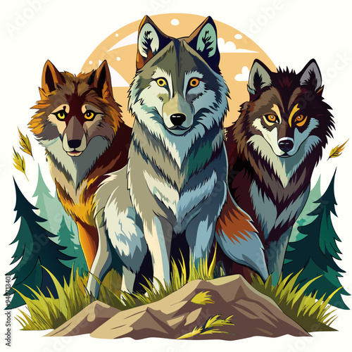 Three Wolves Standing Together in a Forest Setting