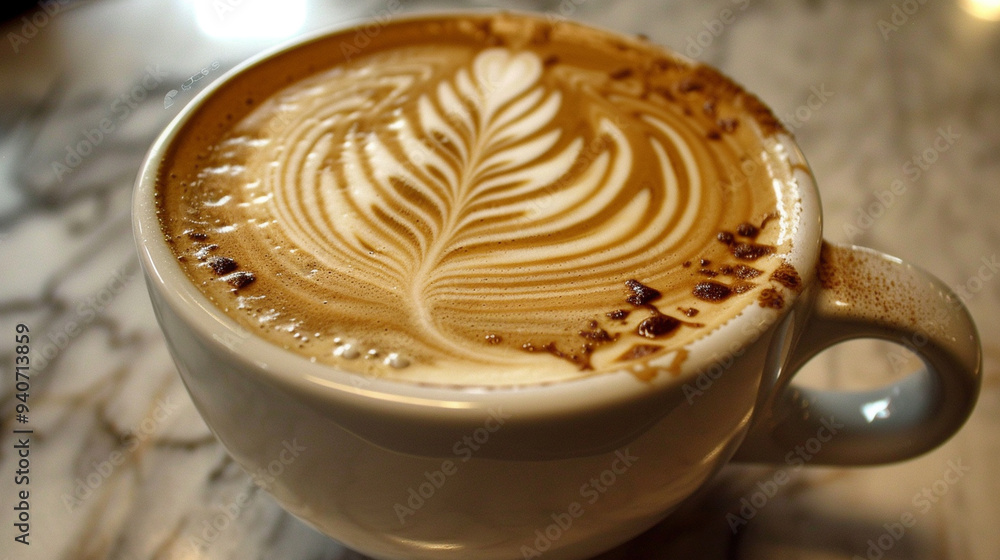 A close-up of a frothy cappuccino with intricate latte art in a white ceramic cup A close-up of a frothy cappuccino with intricate latte art in a white ceramic cup