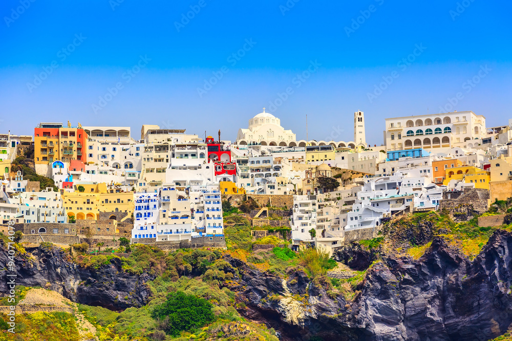 Fototapeta premium Fira panorama in Santorini island, Greece