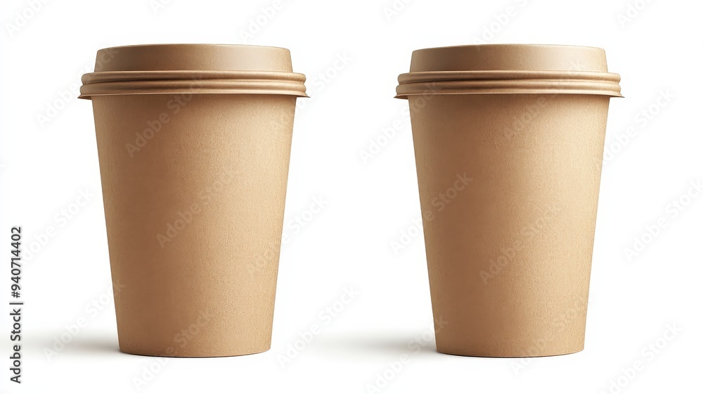 Two plain disposable coffee cups side by side, designed for beverages. Two plain disposable coffee cups side by side, designed for beverages.
