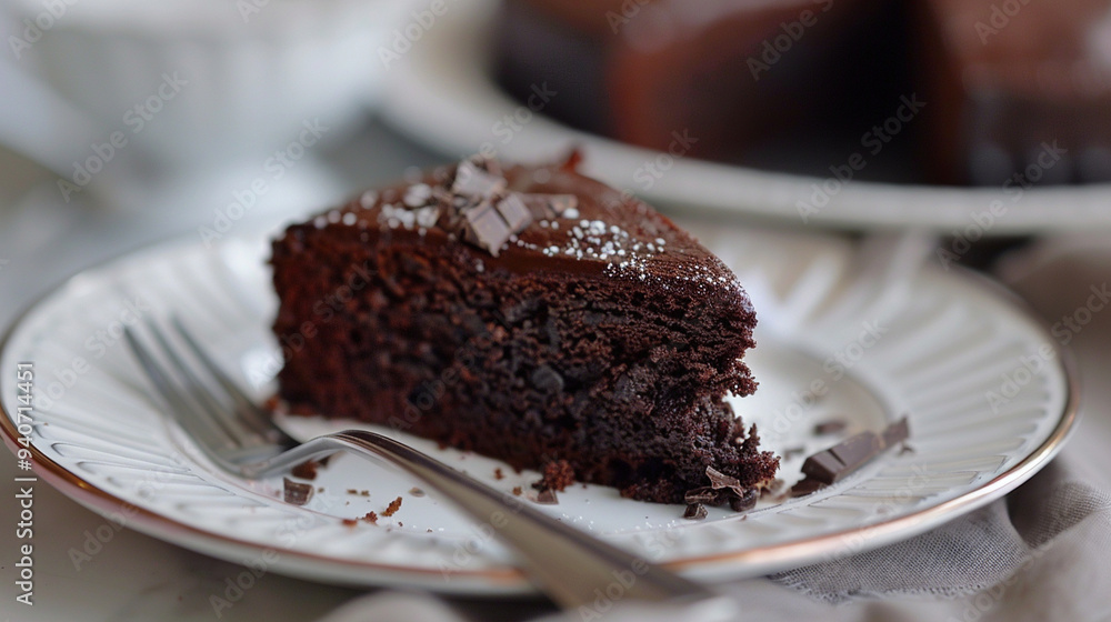 A close-up of a slice of chocolate cake on a plate with a fork resting beside it A close-up of a slice of chocolate cake on a plate with a fork resting beside it