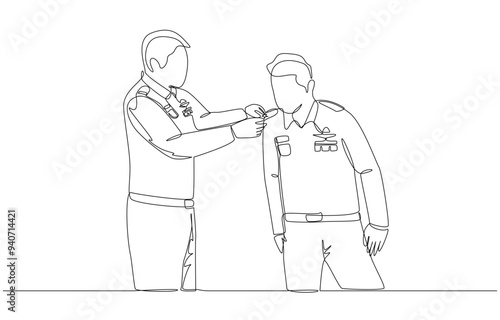 Continuous one line drawing of commander decorating rank for new soldier under his command, military decorations concept, single line art.