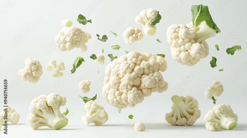 A dynamic arrangement of floating cauliflower pieces against a minimalist background. A dynamic arrangement of floating cauliflower pieces against a minimalist background.