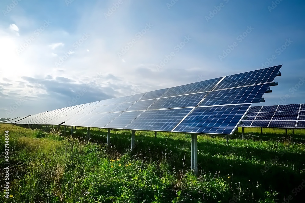Solar Panels in a Field Under a Cloudy Sky Solar Panels in a Field Under a Cloudy Sky