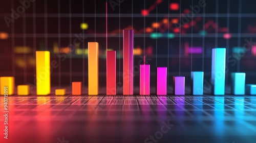 A 3D bar chart with vibrant, colored bars rising above a digital grid, showing clear financial data with a modern, sleek design.