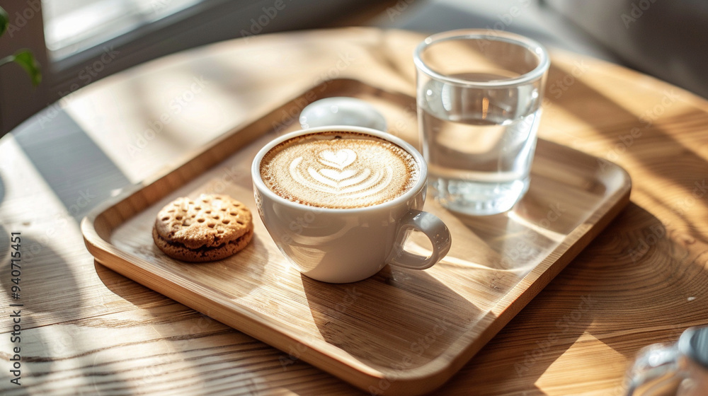 A close-up of a wooden tray with a cappuccino, a glass of water, and a small biscuit A close-up of a wooden tray with a cappuccino, a glass of water, and a small biscuit