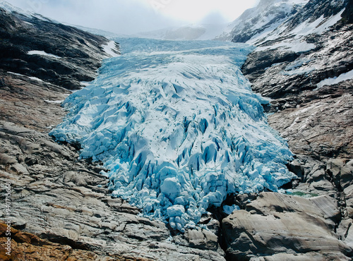 The ice formations of the Engabreen glacier arm, part of Svartisen glacier in Norway