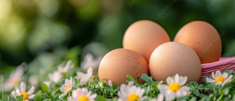 A basket brimming with three eggs atop a verdant grassy expanse, teeming with white and yellow blossoms A basket brimming with three eggs atop a verdant grassy expanse, teeming with white and yellow blossoms