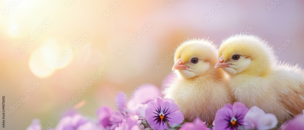 Two small yellow chickens stand beside each other on a purple-and-white flower field Pansies, in shades of purple, dot the foreground Two small yellow chickens stand beside each other on a purple-and-white flower field Pansies, in shades of purple, dot the foreground