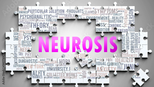 Neurosis as a complex subject, related to important topics. Pictured as a puzzle and a word cloud made of most important ideas and phrases related to neurosis. ,3d illustration photo