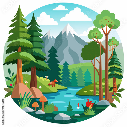 Serene Mountain Landscape with Forest, River, and Wildlife