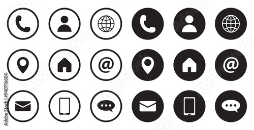 Contact us vector icon set. Website icon set phone location email website message home chat contact. Minimal icons.