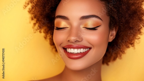 A beautifully made-up woman smiling confidently, with her makeup emphasizing bold eyeliner and glossy lips.