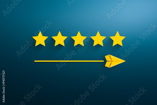 Paper plane and five star excellent rating. Customer Experience, Increase rating company or ranking, Evaluation and review concept.
