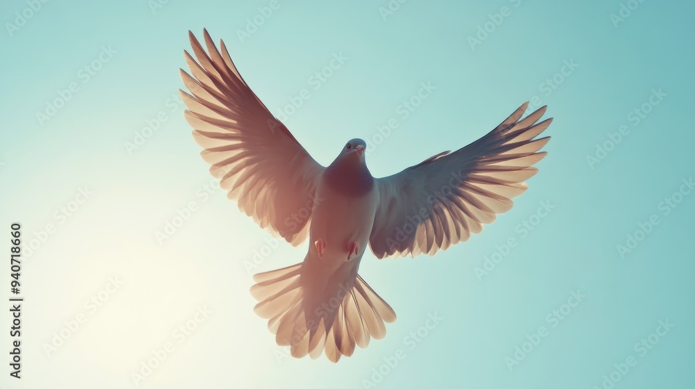 Obraz premium A bird in flight, captured from below, with its wings spread wide against a bright, cloudless sky.