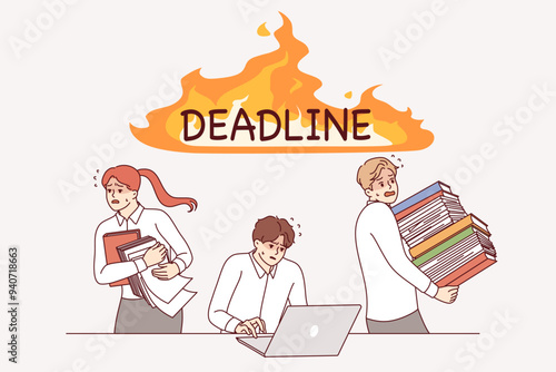 Deadline puts pressure on business people rushing to complete project using laptop or running around with papers. Problem impossible deadline and lack productivity causes stress among office workers