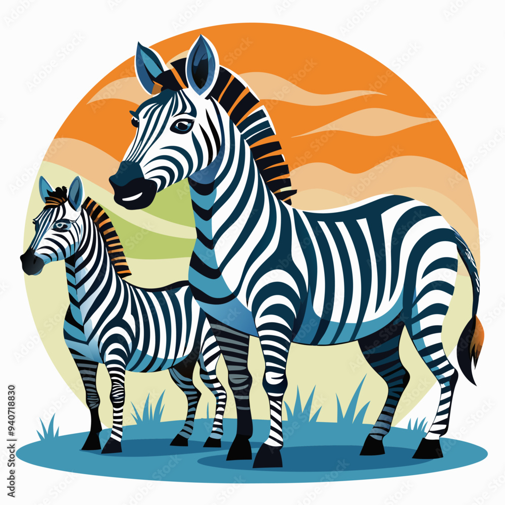 Fototapeta premium Adult Zebra and Foal Standing in Grassland at Sunset