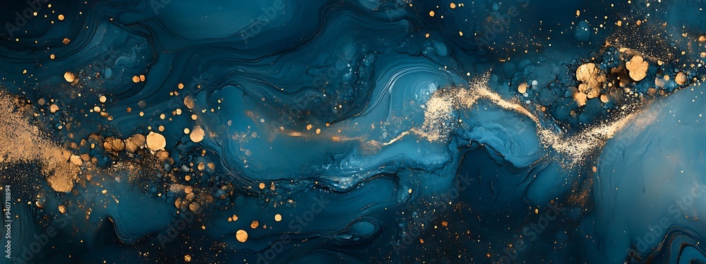 Abstract painting with swirling blue and gold. The gold sparkles and swirls within the blue creating a mesmerizing scene. Abstract painting with swirling blue and gold. The gold sparkles and swirls within the blue creating a mesmerizing scene.
