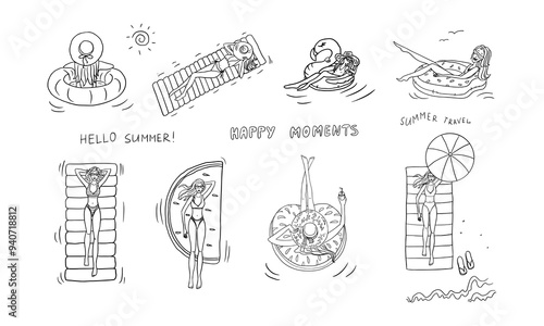 Set of Summer time theme elements. Girls floats on an inflatable mattress and a circle. Travel design. Adventure. Hand drawn. Doodle style. Great for banner, professional design