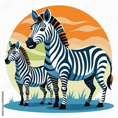 Adult Zebra and Foal Standing in Grassland at Sunset