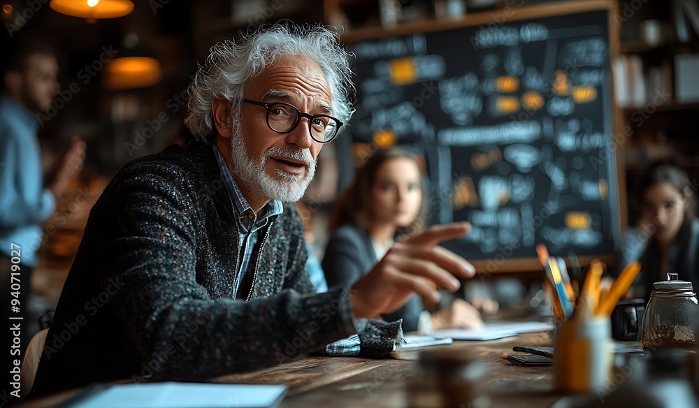 Elderly Man with Grey Hair and Beard Explains in Classroom Elderly Man with Grey Hair and Beard Explains in Classroom